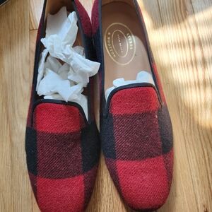 Stubbs & Wootton Red and Black Plaid Wool Slip-On Loafers